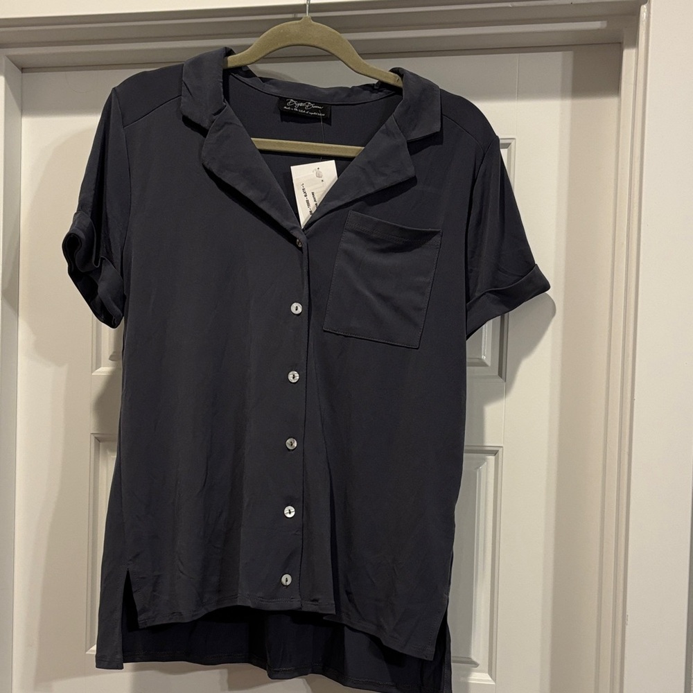 Slate Gray Button-Up Shirt Sexy Modest blue slate gray Large Journey top NWT